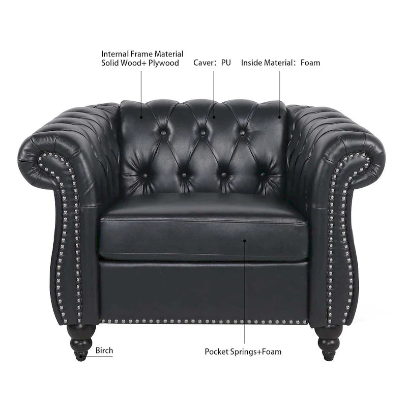 Classically Elegant 84.65 Three-Seater Rolled Arm Sofa in PU Leather - Sturdy Birch Legs, Soft Upholstery
