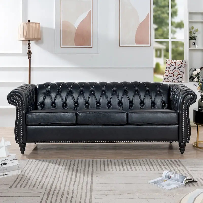 Classically Elegant 84.65 Three-Seater Rolled Arm Sofa in PU Leather - Sturdy Birch Legs, Soft Upholstery