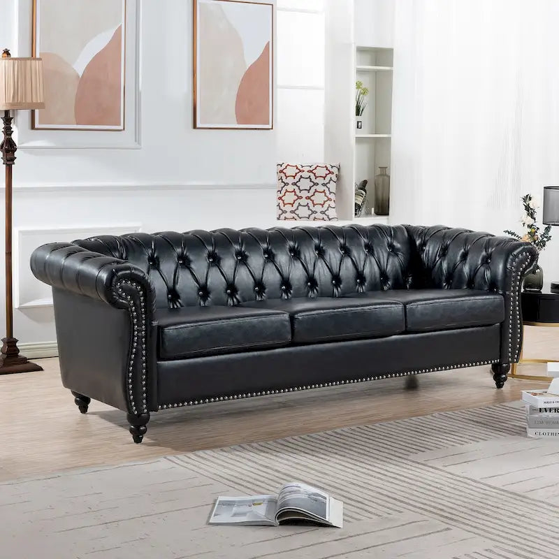 Classically Elegant 84.65 Three-Seater Rolled Arm Sofa in PU Leather - Sturdy Birch Legs, Soft Upholstery